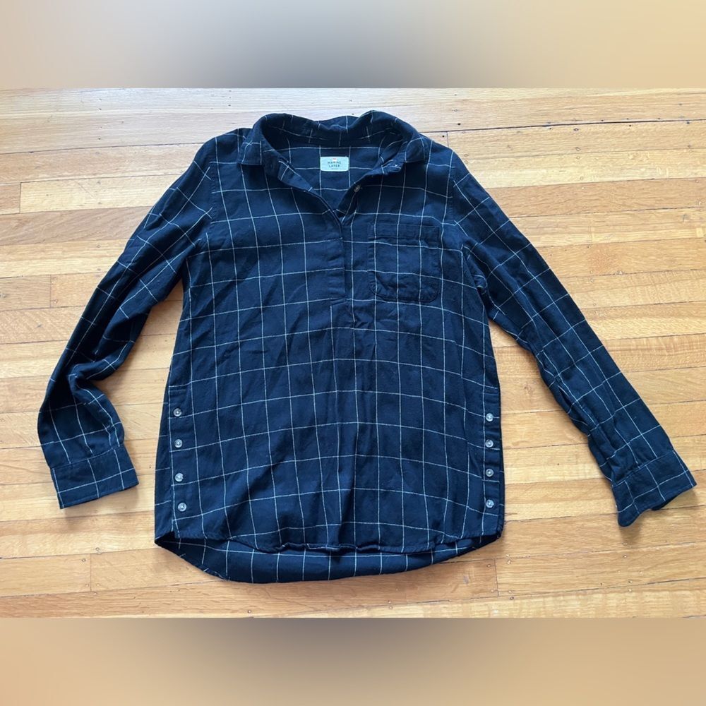 Marine Layer navy blue flannel graph paper check cosy preppy shirt top M S L